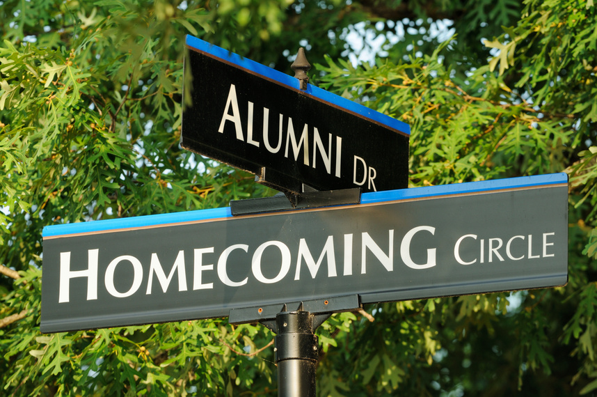 Alumni and homecoming street signs close up